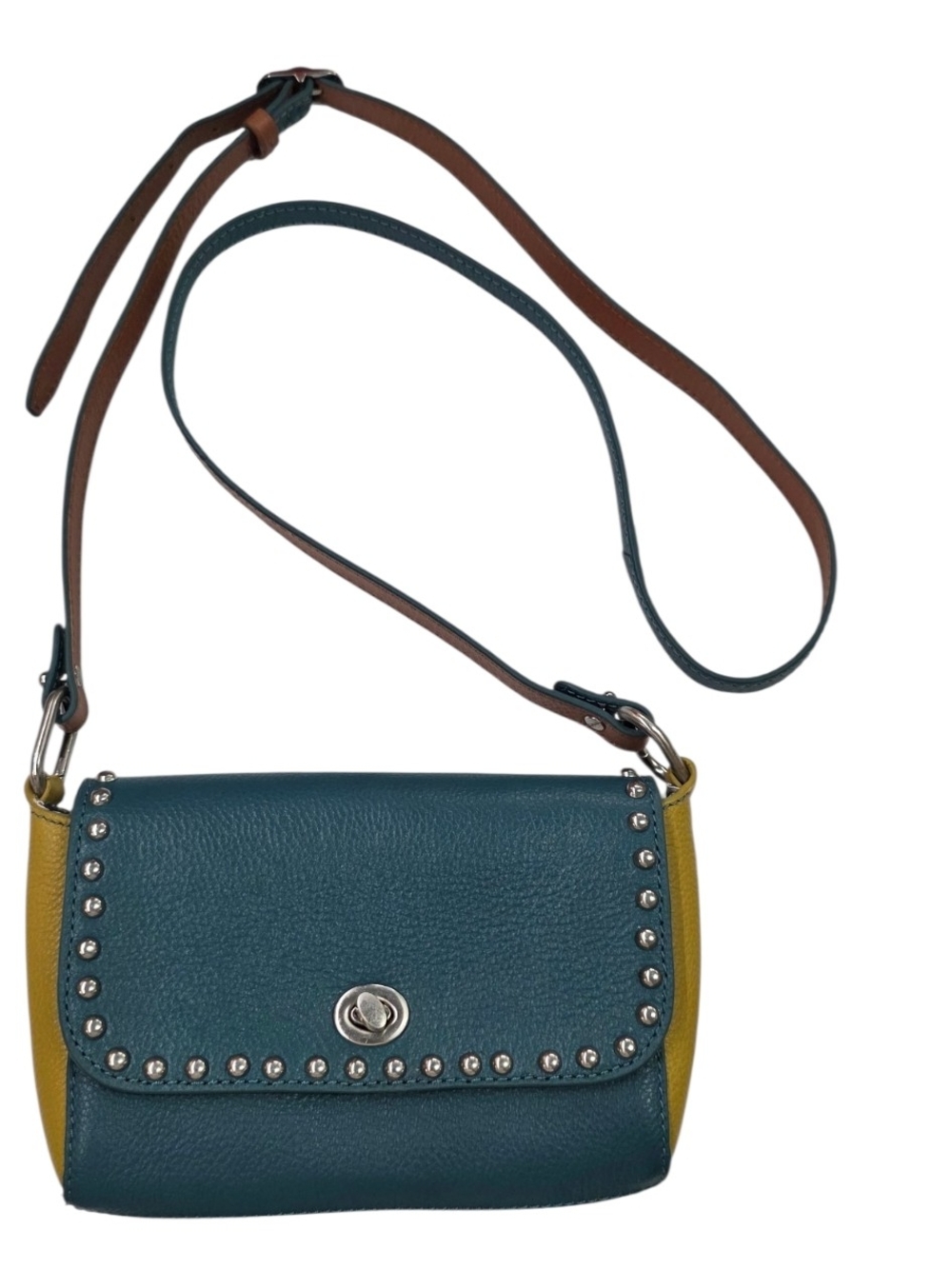 White Stuff Teal and Mustard Leather Crossbody Bag with Stud Trim